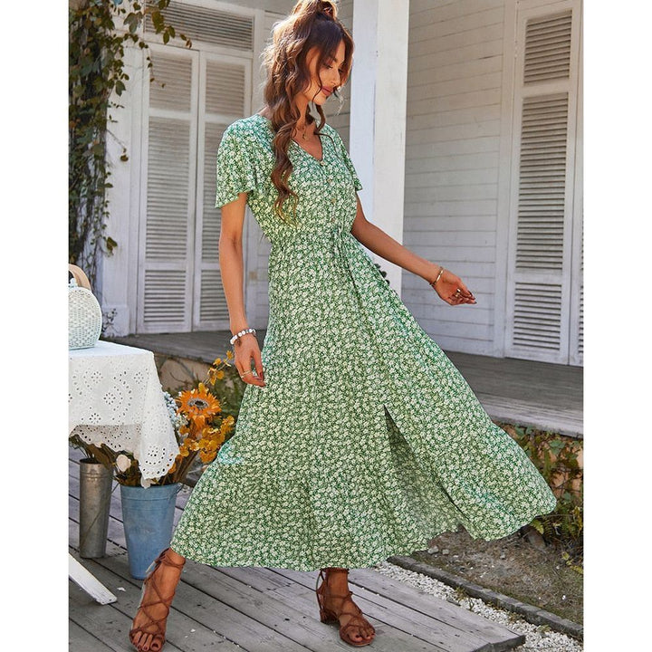 Vintage Floral Dresses for Women Elegant Loose New Slit Dress Summer Beach Holiday Leisure Long Dresses - Jointcorp
