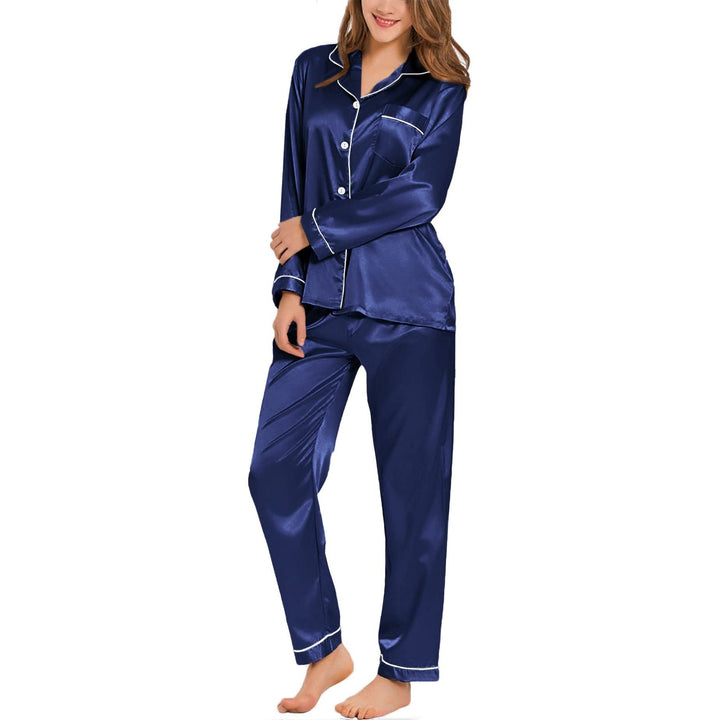 Womens Silk Satin Pajamas Loungewear Two-piece Sleepwear Button-Down Full Sleeve Long Pj Set - Jointcorp