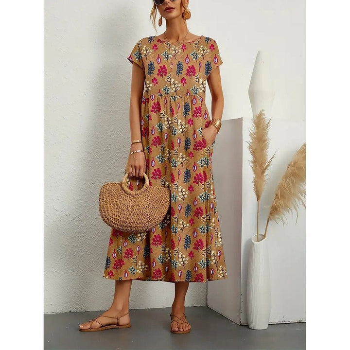 Elegant and fashionable women's cotton and linen dress, round neck printed short sleeved A-line skirt, Vintage dresses - Jointcorp