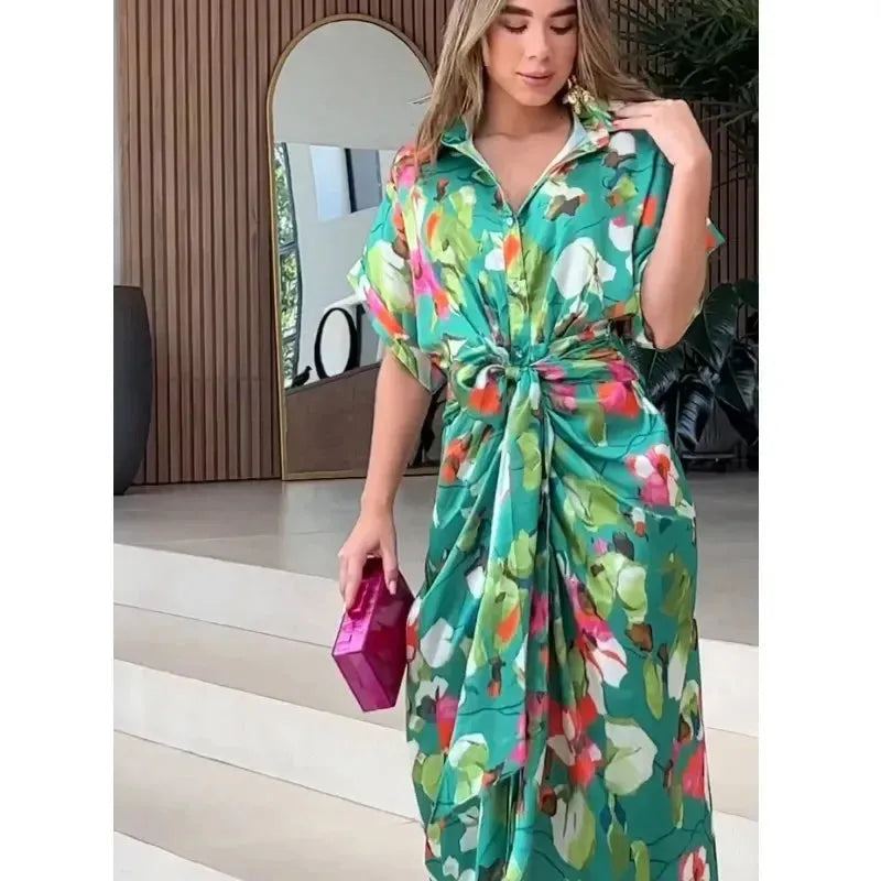 Women Dresses Short Sleeve Turn Down Collar Single Breasted Button Blouses Dress Vestidos Patchwork High Street Print Belt