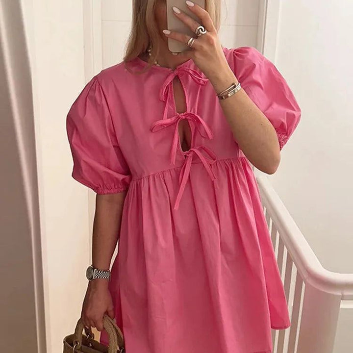 Leopard Print Bow Lace Up Mini Dress for Women O-neck Hollow Out Short Puff Sleeve Sweet Dresses 2024 Summer A-line Lady Vestido