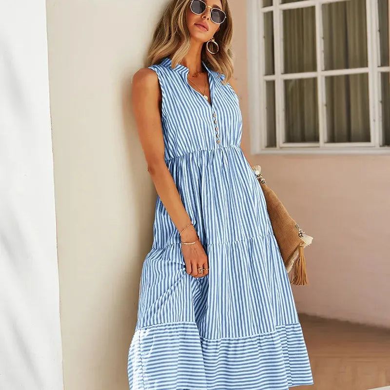 Striped Shirt Dress Women Sleeveless V-Neck Long Dresses Summer Casual Buttons A-Line Beach Holiday Dresses Female Clothing