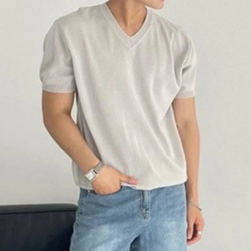 Streetwear Men Clothing Fashion V Neck T Shirts Knitted Short-sleeved Mens T-shirt Knitwear Summer Casual Solid Color Knit Tops