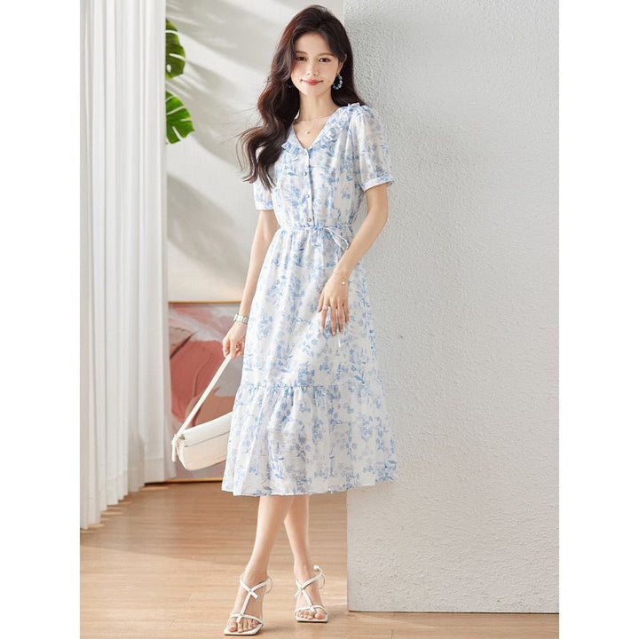Vimly Blue Printed Floral Midi Ruffle Dress for Women 2023 Summer Fashion Collared Short Puff Sleeve Vintage dresses - Jointcorp