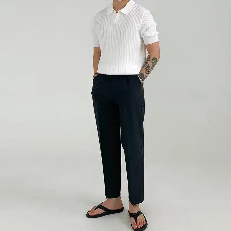 Fashion Knit Solid Color Men's Polo Shirt Slim Short Sleeve Turn-down Collar Ribbed Polo Tee 2025 Summer Men Clothes Casual Tops
