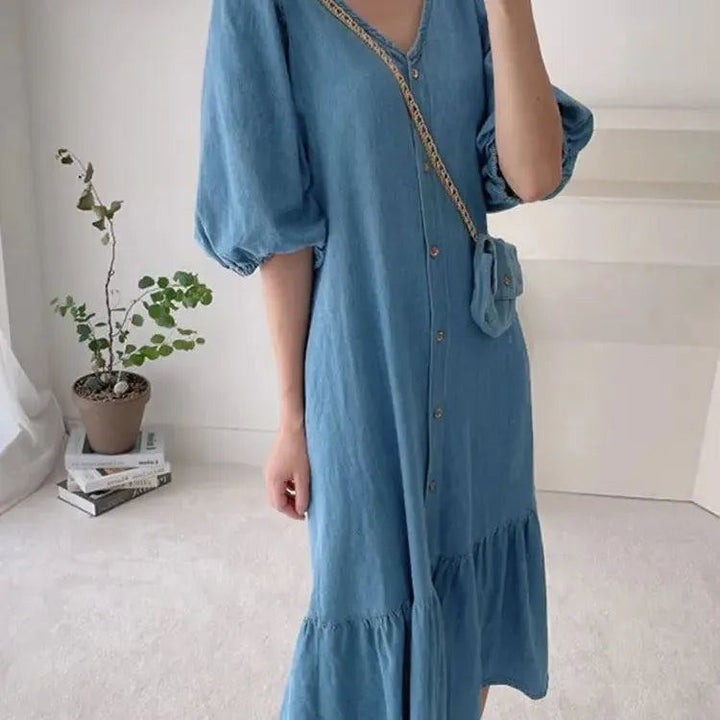 Women Denim Blue Robes Longue ZANZEA Oversized Fashion Summer Puff Sleeve Maxi Vestidos Retro Dress Casual Solid Baggy Sundress