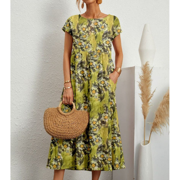 Elegant and fashionable women's cotton and linen dress, round neck printed short sleeved A-line skirt, Vintage dresses - Jointcorp