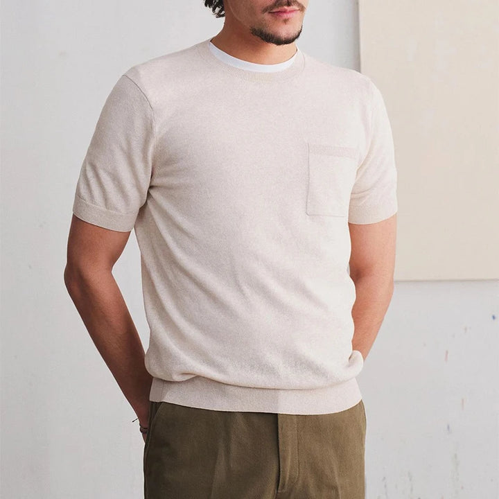 Stylish Pockets Knit T-shirts Mens Casual Solid Color Slim Fit Knitting Jumper Men Tops Summer Vintage O Neck Short Sleeve Tees
