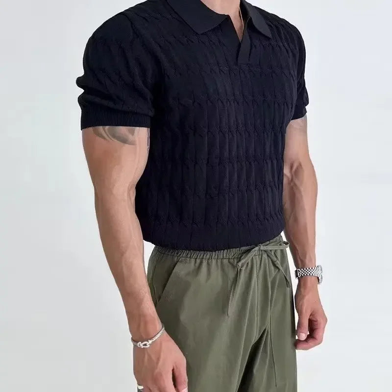 Summer Men's Jacquard Knitted Polo Shirts Stylish V-neck Short-sleeved Lapel Knit Pullover Tops Men Business Casual Wear T-shirt