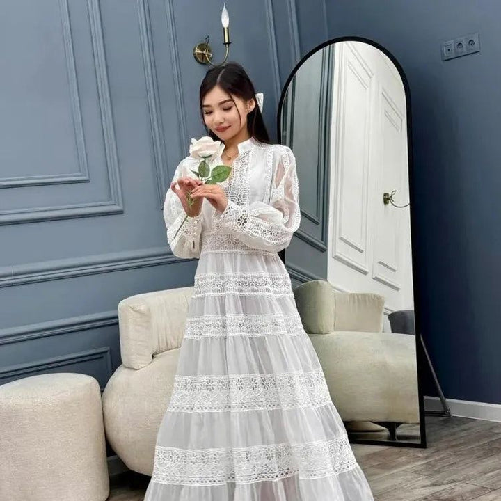 Elegant Print Hollow Out Lantern Sleeved Maxi Dress Women Lace Spliced Stand Collar Loose Dresses New Spring Female Street Robe