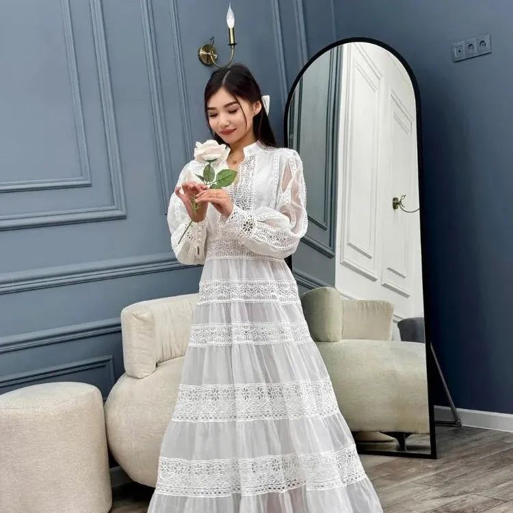 Elegant Print Hollow Out Lantern Sleeved Maxi Dress Women Lace Spliced Stand Collar Loose Dresses New Spring Female Street Robe