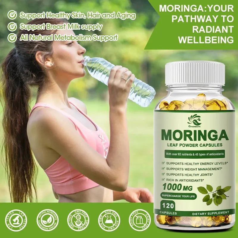 Greensure Moringa Oleifera 1000 mg Capsules Extra Potency 50:1 Extract Energizing Antioxidant, 60/120 Vegetarian Capsules