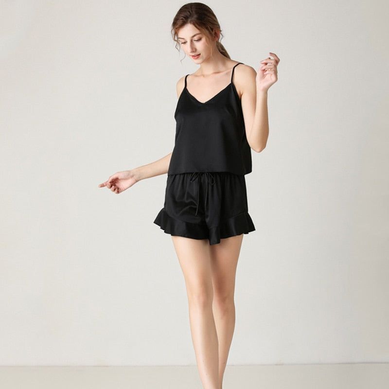 Women's Sexy Silk Satin Ruffled Pajamas Sets - Jointcorp