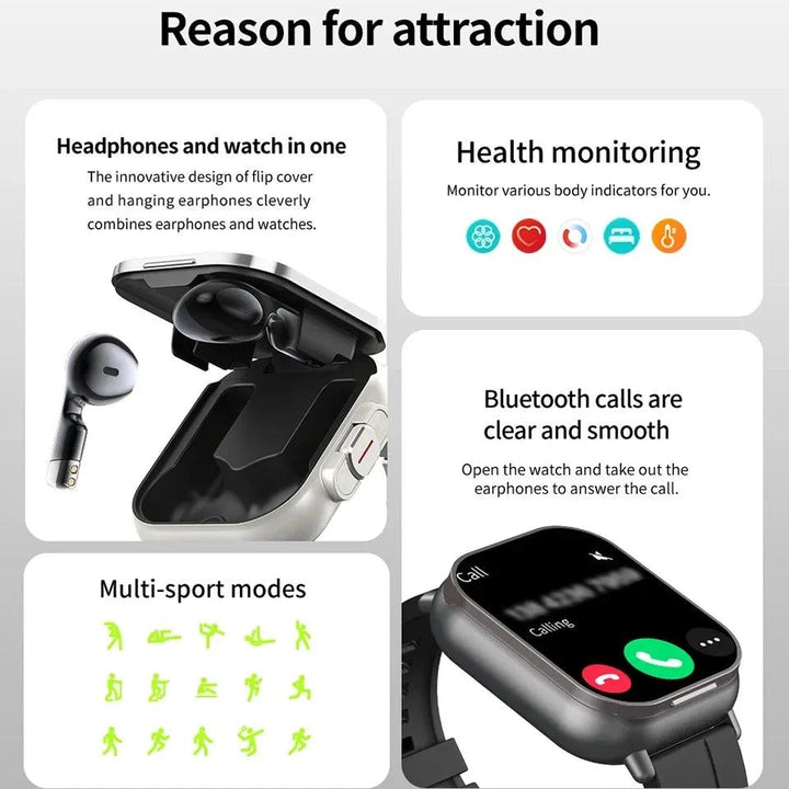 New TWS 2 in 1 Smartwatch D8 Sports Watch Bluetooth Headset Calling Watch Men Health Monitoring ENC Women Wristwatch With Earbud