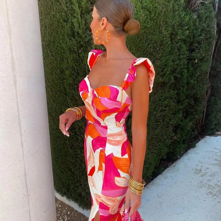Summer Printed Women Backless Printed Strap Dress Eleagnt Sleeveless Splited Bodycon Dresses Female Streetwear Fashion Vestidos