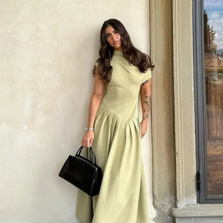 Chic Solid High Collar Pleated Patchwork Dress Elegant Short Sleeved Slim Fit A-line Dresses 2024 New Lady High Street Robe