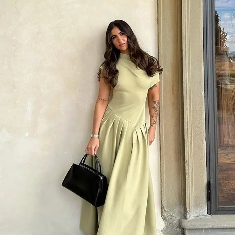 Chic Solid High Collar Pleated Patchwork Dress Elegant Short Sleeved Slim Fit A-line Dresses 2024 New Lady High Street Robe