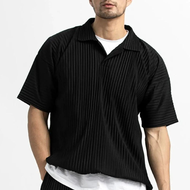 Miyake Pleated Men Polo Shirt Short-sleeved Lapel T Shirt Breathable Loose Casual Plain Top Miyake Men