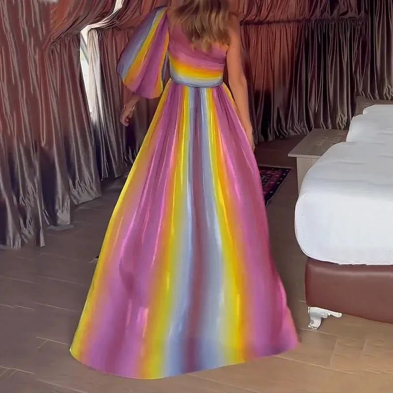 Women Maxi Dress Fashion Colorful Striped One Shoulder