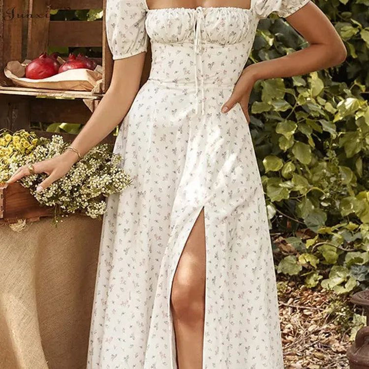 Women Floral Print Long Dress Summer Chic Short Sleeve Square Collar Split A Line Party Sundress Ladies Holiday Beach Vestidos