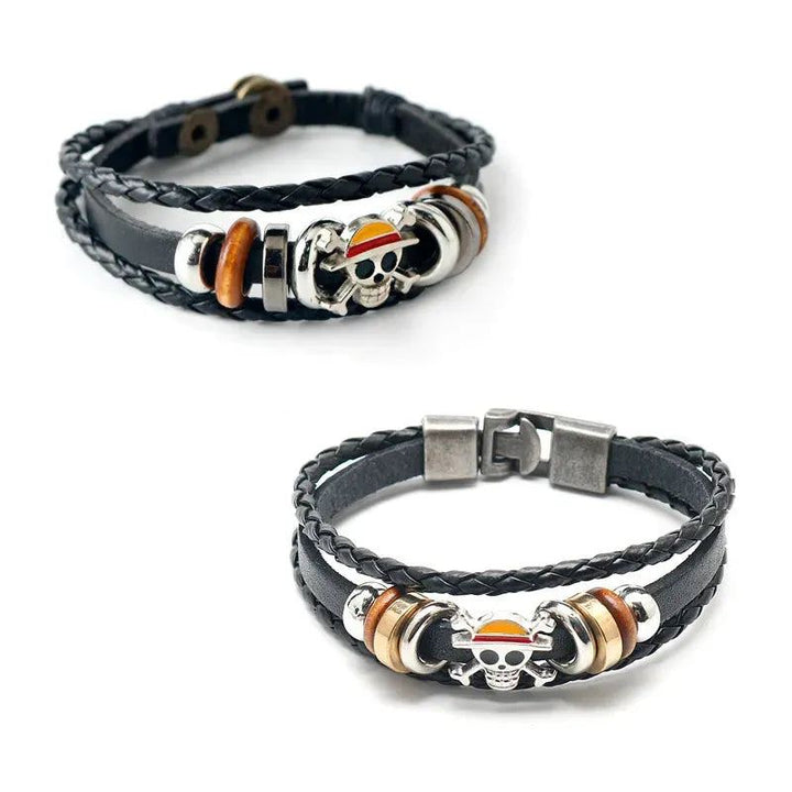 One Piece Luffy Pirate Bracelet Cartoon Action Figure Toy Straw Hat Punk Black Leather Braided Bracelet Cosplay Accessories Gift