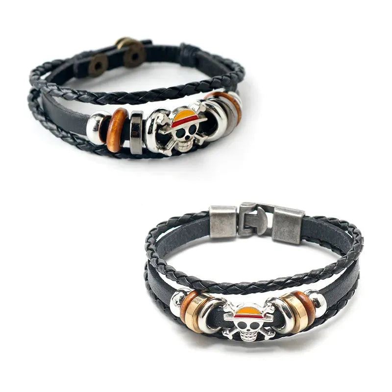 One Piece Luffy Pirate Bracelet Cartoon Action Figure Toy Straw Hat Punk Black Leather Braided Bracelet Cosplay Accessories Gift