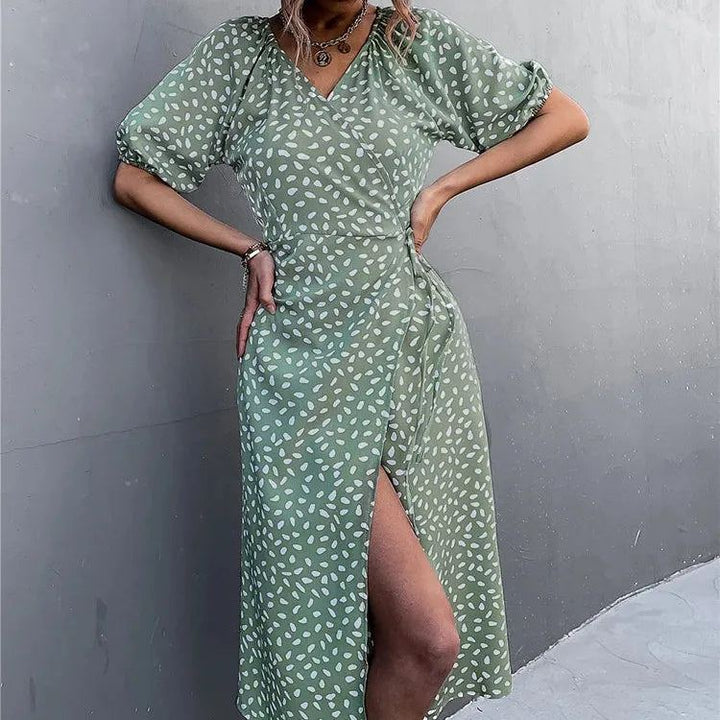 Casual Women Chiffon Dress V Neck Side Wrap Midi Dress Summer Polka Dot Dress Female Puff Sleeve Boho Fashion A-line Split Dress