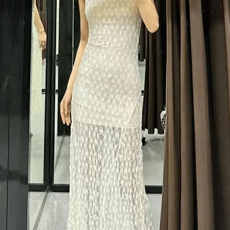 fashion Hollow Out See-through Lace Long Dress Elegant Irregular Hem O Neck Sleeveless Dresses Lady Chic Bodycon Party Vestido