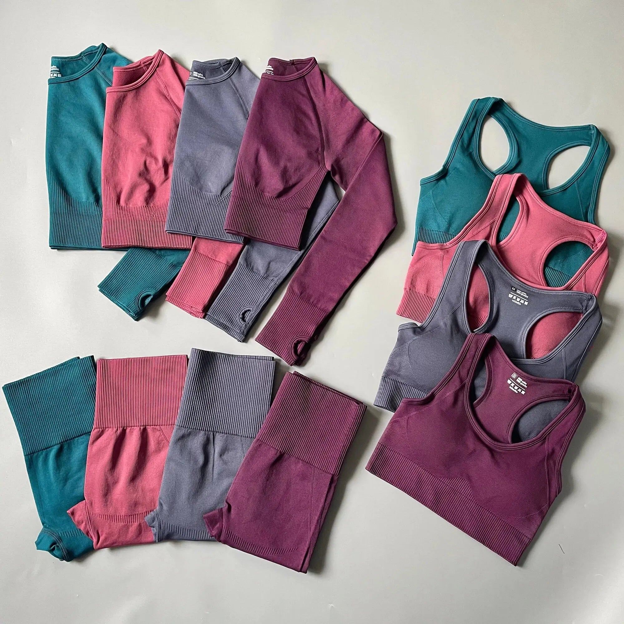2PCS Seamless Women Yoga Set Workout Sportswear Gym Clothes Fitness Long Sleeve Crop Top High Waist Leggings Sports Suit