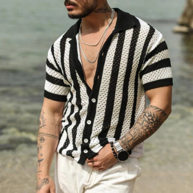 Casual Loose Short Sleeve Hollow Out Shirts Knitted Mens Striped Patchwork Beach Shirt Cardigan Men Summer Fashion Lapel Shirts
