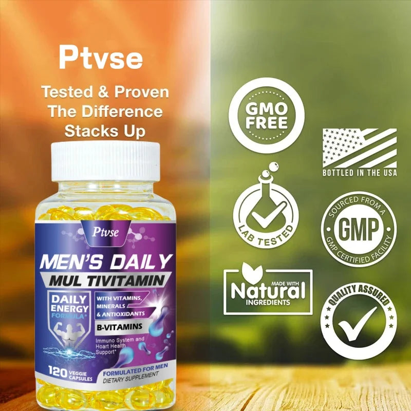 Men's multivitamin supplement with vitamins A, B12, C, D and E