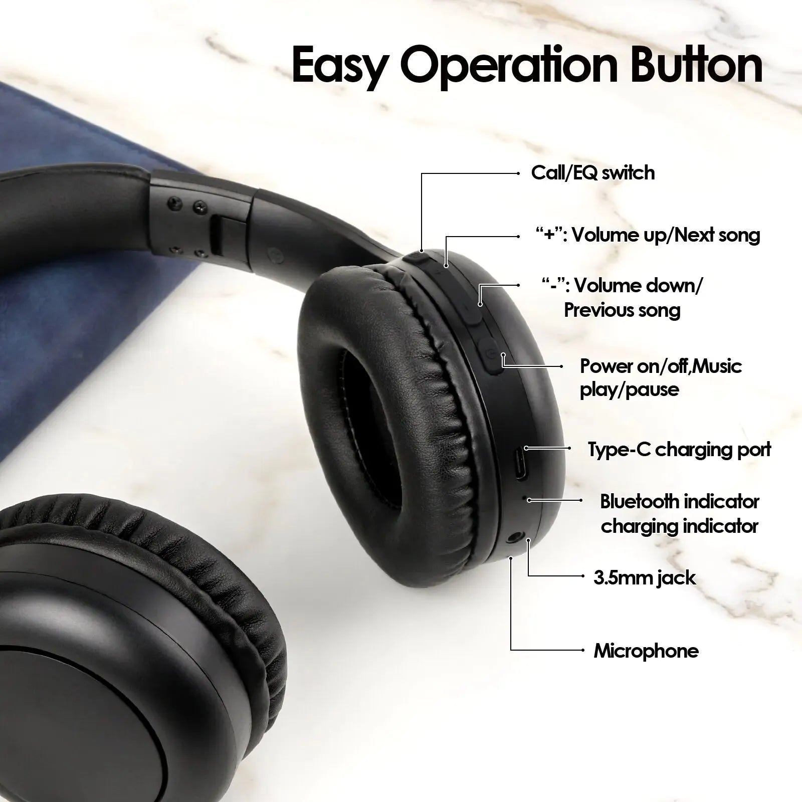 Siindoo JH-926B Wireless Bluetooth Headphones Over Ear Foldable Lightweight Headset with Mic 3 EQ Modes for Kids Teenager