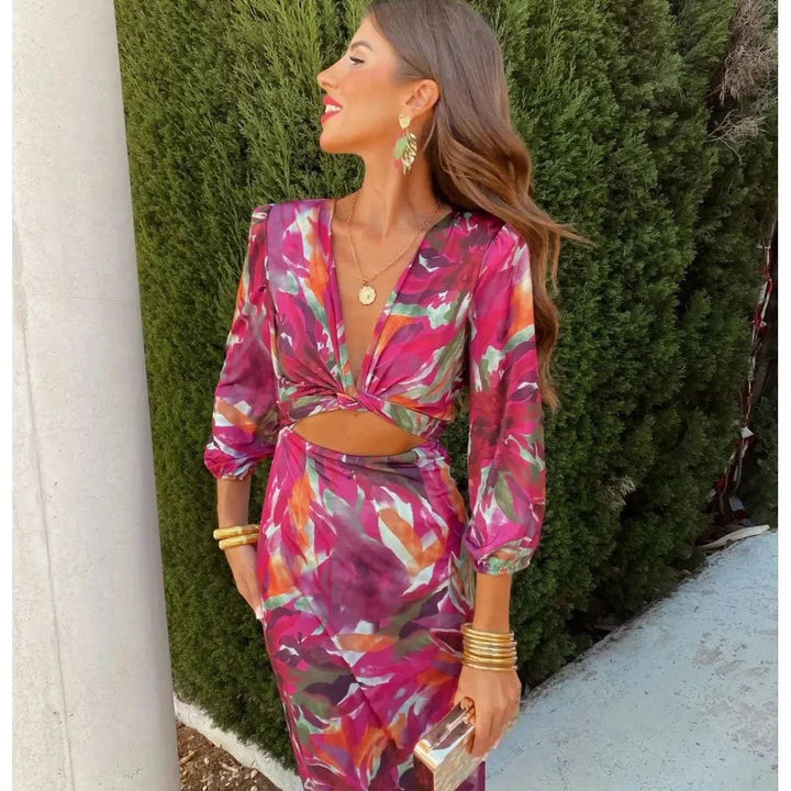 Women Chic Floral Printed Long Dresses Elegant Long Sleeve Hollow Out Robes 2024 Summer Vacation High Street Party Vestidos