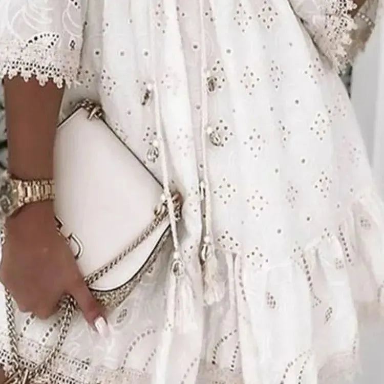 Women Elegant White Hollow Lace Mini Dress Summer V-neck Patchwork Lace Up Three Quarter Sleeve Ladies Vacation Beach Dresses