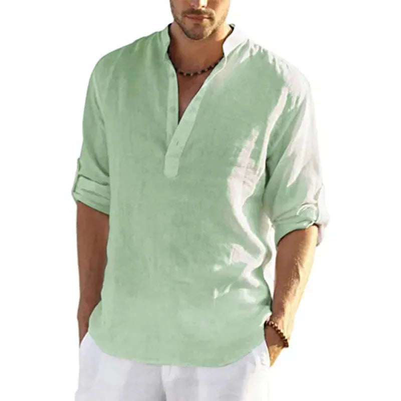 New Men's Linen Long Sleeve Breathable Shirt Solid Color Casual Basic Cotton Linen Shirt Tops Hemp Shirt for Men Tee