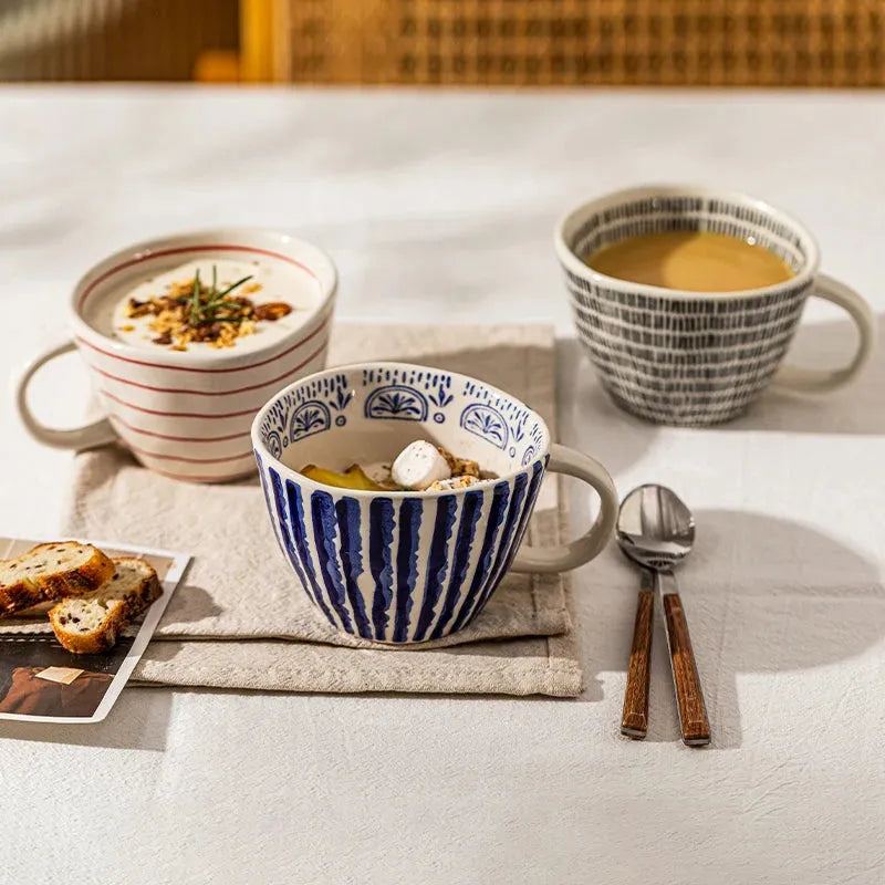 Japanese Style Irregular Hand-Painted Striped Ceramic Coffee Mug Large Capacity 400ml Drinkware Water Cup Oatmeal Cup Tea Cup