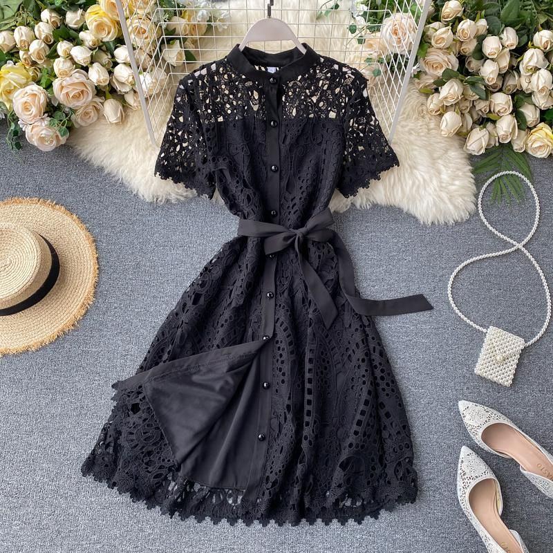 Summer Women Vintage Hollow Out Short Sleeve Overknee Dress Vintage dresses - Jointcorp