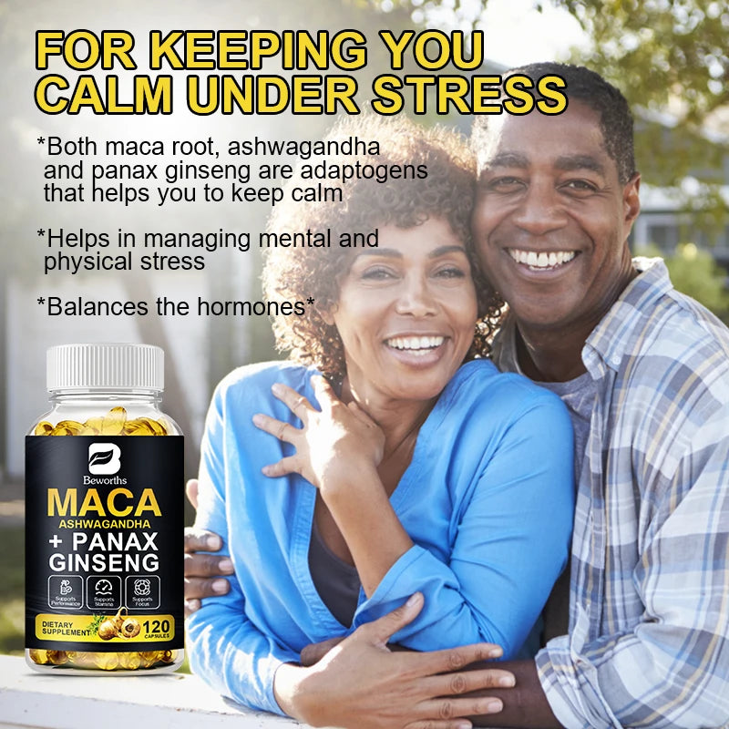BEWORTHS Natural Maca Root Capsules with Ashwagandha Extract Vegetarian for Men Health Soft Gels Gluten Free Energy Supplement