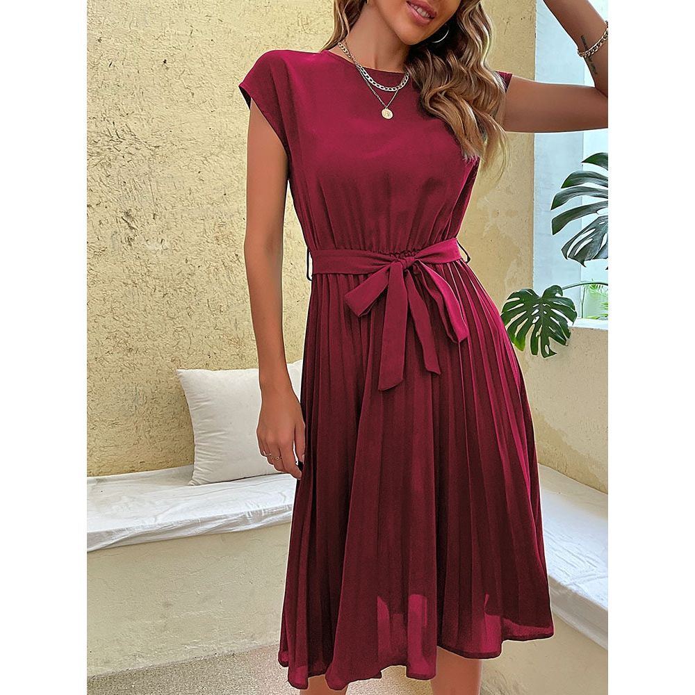 Dress for Women Summer Casual Beach Sundress Short Sleeve Pleated Midi Dress Soild Vintage dresses - Jointcorp
