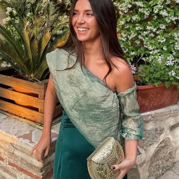 Women Elegant Green Mesh Long Dress Sexy Off Shoulder Patchwork Backless Prom Robes 2024 Summer Chic Lady Evening Vestidos