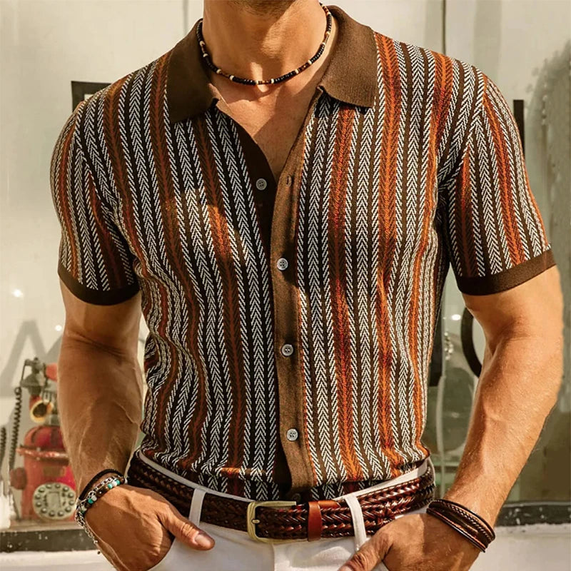 Streetwear Mens Knitwear Summer Short-sleeved Buttoned Lapel Casual Knit Shirt Men Cardigan Tops Vintage Jacquard Striped Shirts