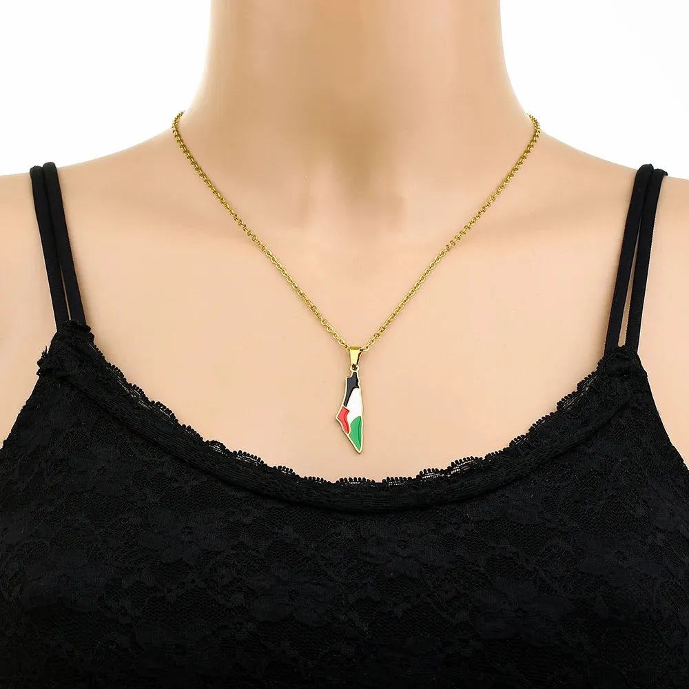 Fashion State of Palestine Map Flag Pendant Necklace Stainless Steel Men Women فلسطين Ethnic Map Jewelry Gift