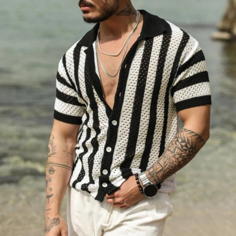 Casual Loose Short Sleeve Hollow Out Shirts Knitted Mens Striped Patchwork Beach Shirt Cardigan Men Summer Fashion Lapel Shirts