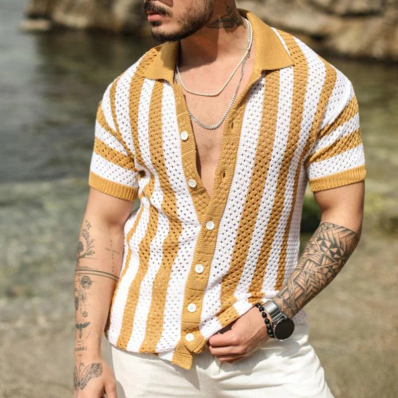 Casual Loose Short Sleeve Hollow Out Shirts Knitted Mens Striped Patchwork Beach Shirt Cardigan Men Summer Fashion Lapel Shirts