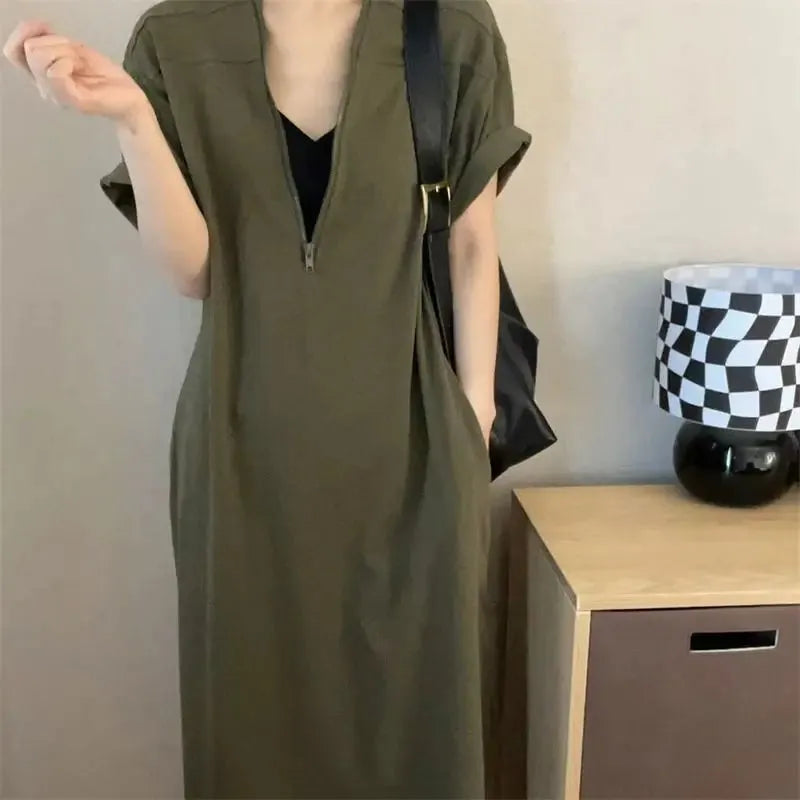 Vintage Herben-style Senior Zipper Dress Women's Summer Loose Skinny-covered Casual MIDI Skirt