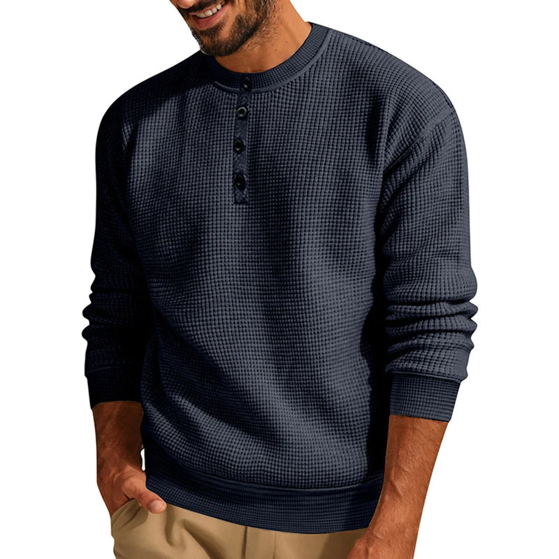 Leisure Mens Long Sleeve T Shirts Casual Solid Color Waffle Henley Neck Button Pullover Tops Men Clothes Spring Vintage T-shirt