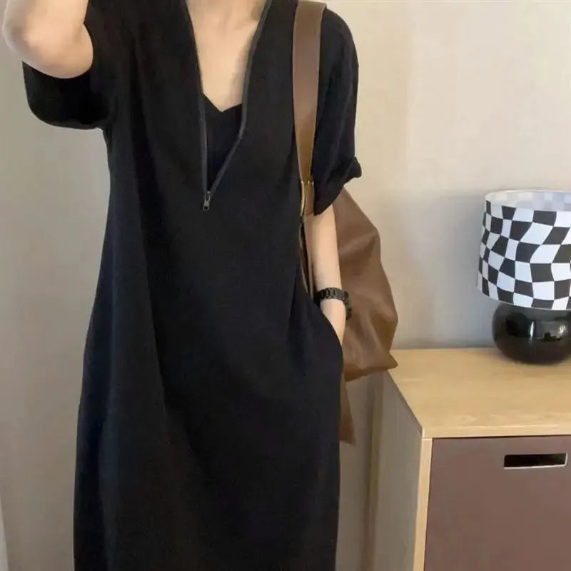 Vintage Herben-style Senior Zipper Dress Women's Summer Loose Skinny-covered Casual MIDI Skirt
