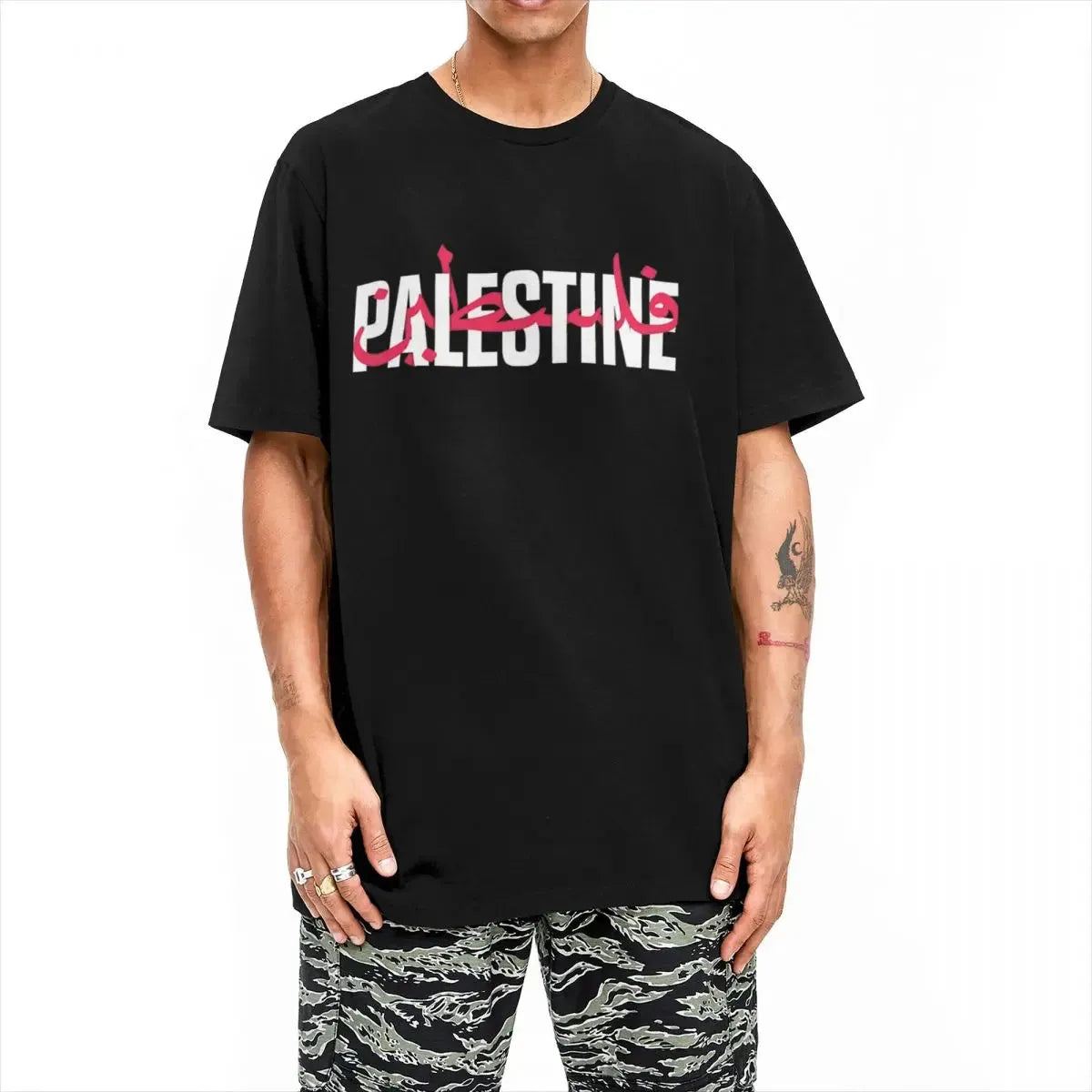 Palestine Word Arabic And English T Shirt Summer Y2K Funny T-Shirts Pure Cotton Trending Tshirt For Men Short Sleeves  Clothing