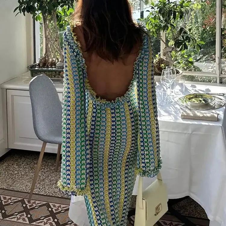 Women Elegant Contrast Stripe Backless Maxi Dress Female Casual O Neck Flare Long Sleeve Vestidos Lady Sexy Vacation Party Robe