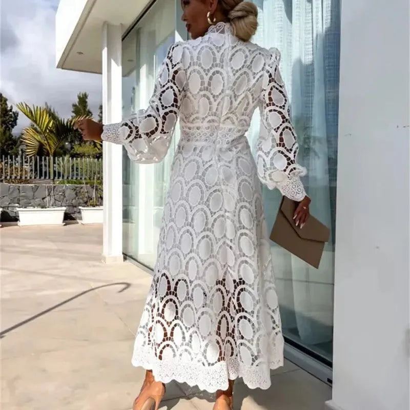 Women Fashion Dress Long Sleeved Lace Splicing Crochet embroidery Solid Color Hollowed out A Ling Long Dress